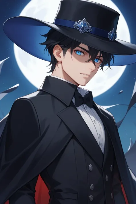 male 、solo、Perfectly Proportioned Face 、 masculine look、Black Hair、 blue eyes 、sharp eyes、Thief、Black Cape、Black Tuxedo、（black silk hat）、Night Sky、full moon、（looking at viewer:1.5）、（look back:1.5）、（From the side:1.5）、masterpiece、Best Quality