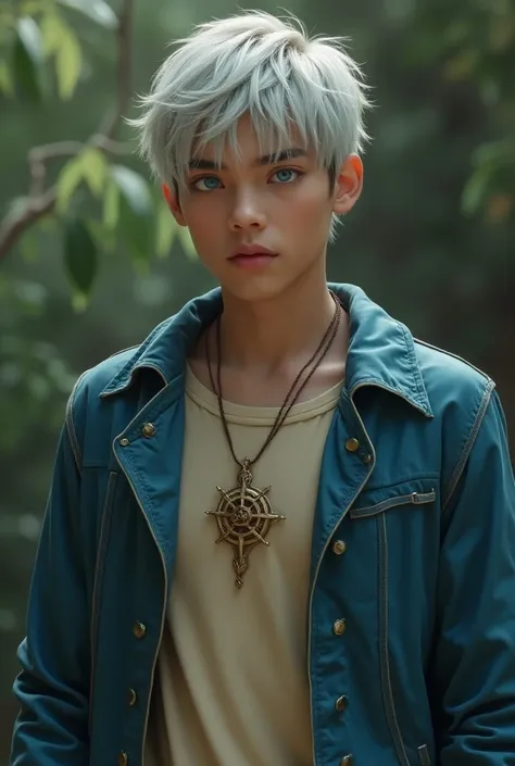 A young man with short silver hair, with blue eyes.  A beige long sleeve shirt and a long blue jacket with a leaf design.  Around his neck a gold compass necklace . realistic mode.