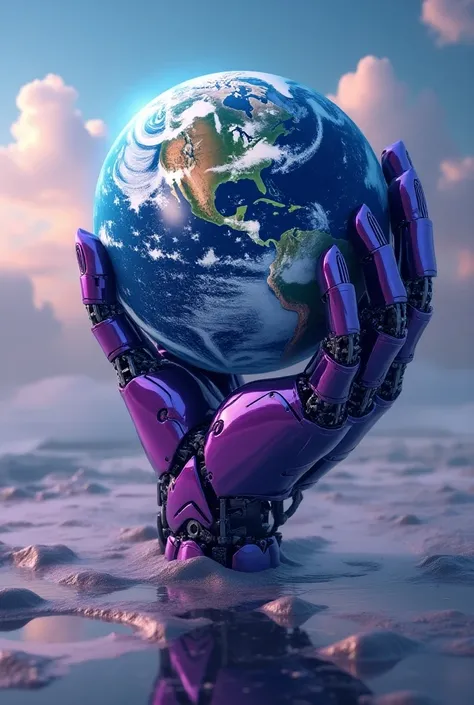 of a robotic hand that flattens the world and that the robotic hand is on its side and that the robotic hand holds the planet Earth round the colors that are like bright purple blue