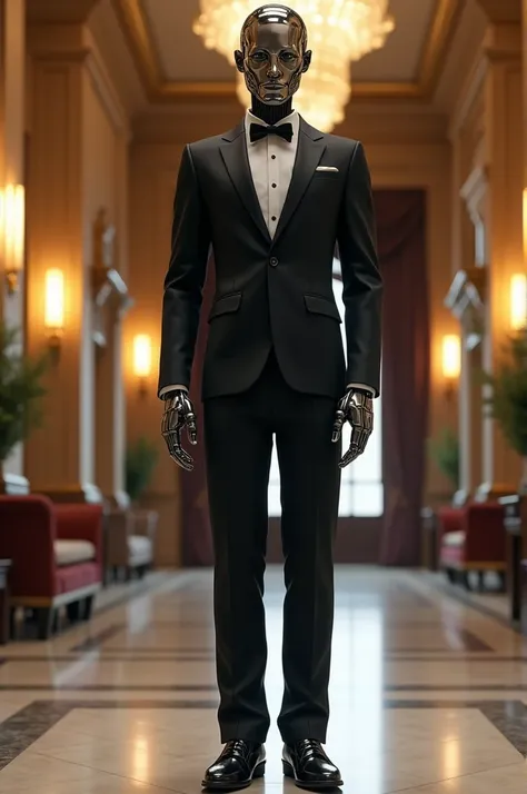  Robot wearing butler suits ,  detailed black suits ,  detailed white shirts , , (Detailed human-like robot face),  detailed robot hands ,  detailed robot head , Detailed metallic skin,  in the entrance lobby of the mansion,  full body shot 