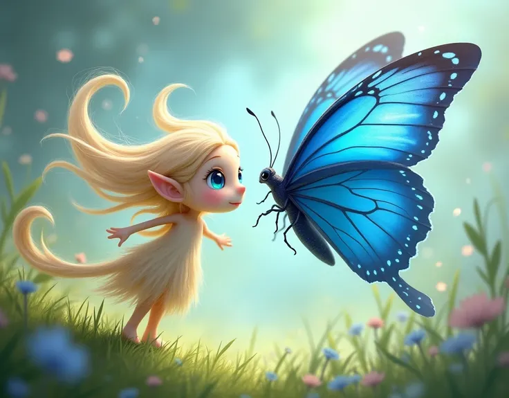 The wind and the blue butterfly met .  Draw it like a character with eyes and eyes on the wind