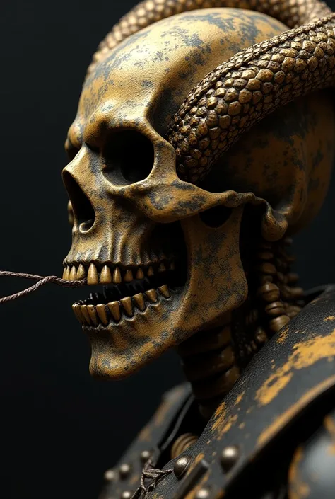   a close up of a skull with a snake on its head, a digital rendering of Zoltan Boros  ,  deviantart, , hyper detailed digital art,  highly detailed digital art ,  of the pointed gears of war skulls ,  ultra detailed digital art , nest of vipers, design mi...