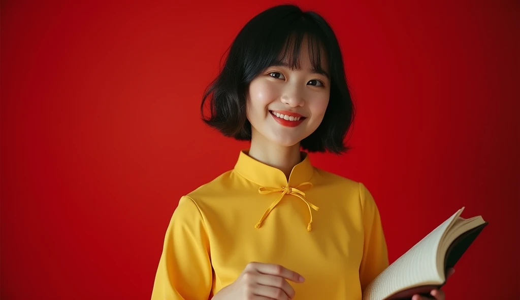 cinematic photo vietnammese girl , 3/4 shot, smlie, with gorgeous eyes and skin, shorts hair, eyes loocking top, hand holding book, Ao Dai yellow dress. 35mm photograph, film, bokeh, professional, 4k, highly detailed, red background, 