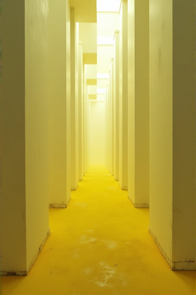 Empty maze with white walls ,  yellow lighting and moldy yellow carpet floor with a backrooms title