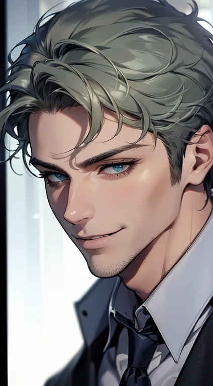 (best quality,4k,8k,highres,masterpiece:1.2),ultra-detailed,(realistic,photorealistic,photo-realistic:1.37),1 man,31 years old,mature man,very handsome,without expression,smile,short grey green hair,blue eyes,penetrating gaze,perfect face without errors,im...