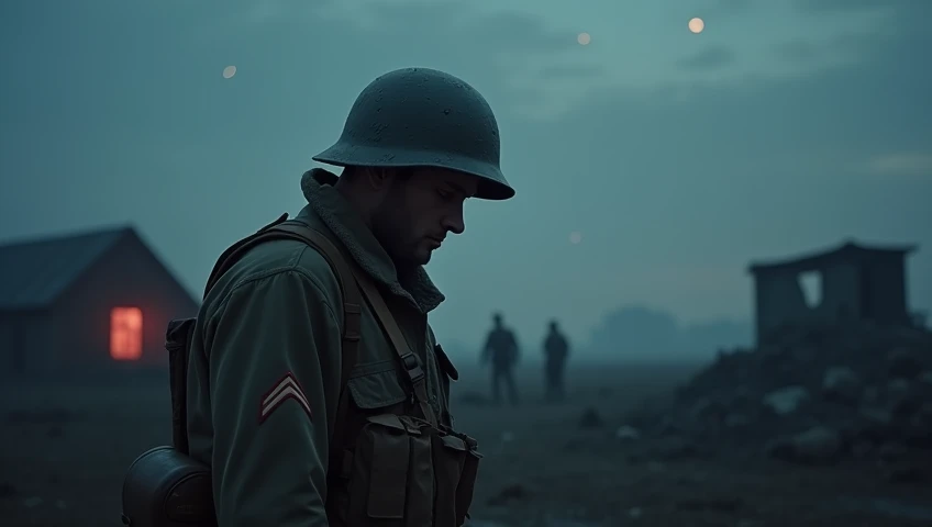 Create a cinematic scene of a WWII soldier at dusk, standing alone on a quiet battlefield with an expression of deep sadness and exhaustion. The soldier, dressed in classic WWII gear, gazes downward, his face showing the toll of conflict. The scene include...