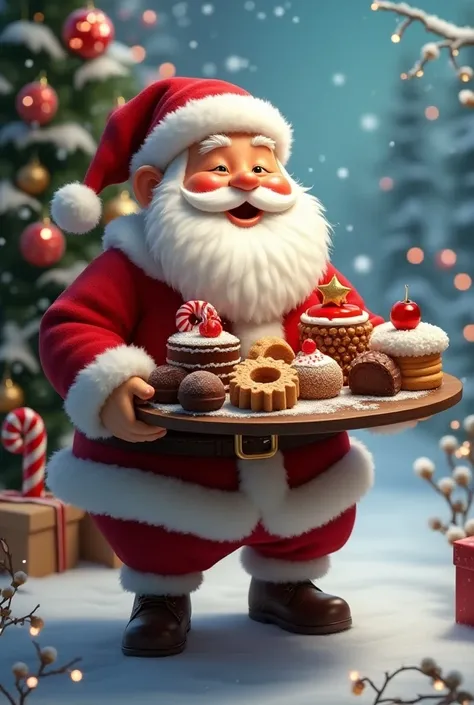 I want Santa Claus with desserts on the tray to make the picture big 