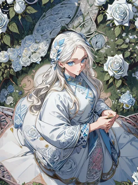 ((masterpiece:1.2, best quality)), ultra detailed, Ultra-precise depiction, Ultra-detailed depiction, (zentangle:1.5), (dynamic pose), ( white rose garden background:1.5) perfect pose, wavy long hair,  platinum blonde hair, intense blue eyes, with white bl...