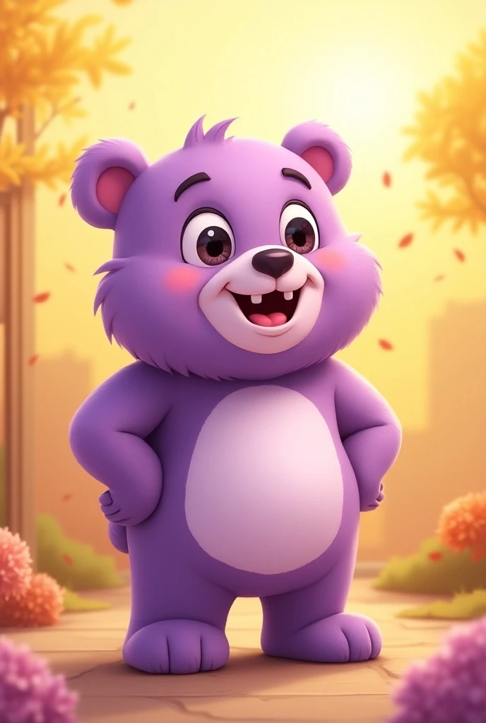 Purple teddy bear, cartoonized, good morning big bosd teddy written on image, morning theme, hearty morning