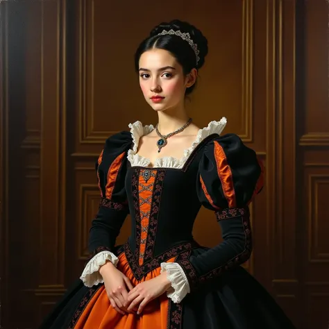 Hanna Harroway in a black and orange Tudor style dress