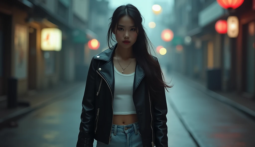 cinematic photo, back view of 20 year old Asian female model, She is dressed ((with a black leather jacket and a white T-shirt and light jeans on her legs)), lit from behind, heavy makeup,long wavy hair, hair ties, slightly open mouth, big eyes, glossy, ve...