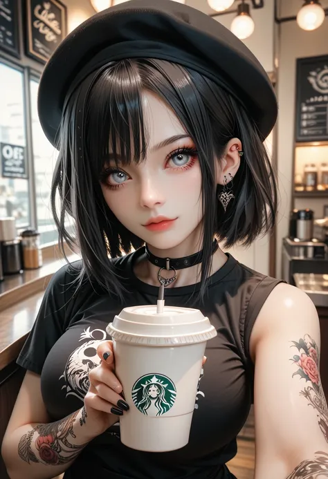 Pale woman,Silver eyes,Black hair,gothic girl Black beret Black sleeveless t-shirt,With a very large and very wide neckline With big breasts Pov selfie,With tattoos,At the coffee shop 