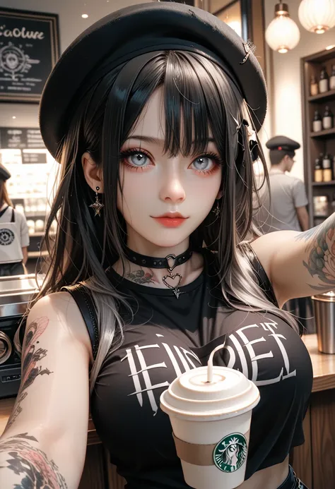 Pale woman,Silver eyes,Black hair,gothic girl Black beret Black sleeveless t-shirt,With a very large and very wide neckline With big breasts Pov selfie,With tattoos,At the coffee shop 