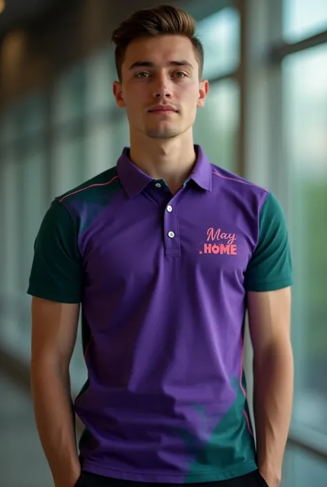 They wanted a polo shirt that says may home on the chest with the colors of purple and green 