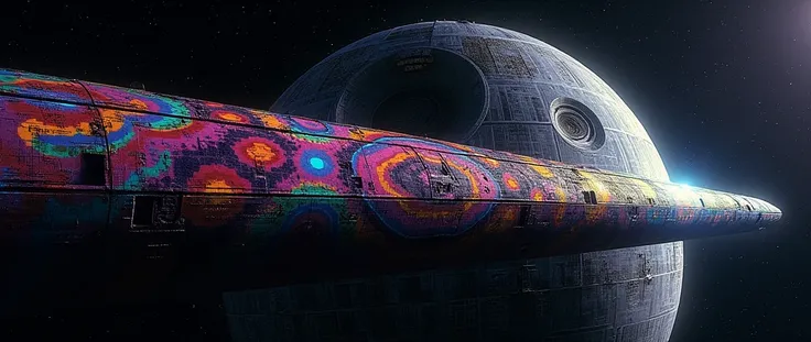 Death star with giant futuristic rifle barrel at the barrel, covered in rainbow batik pattern and glowing rainbow rune symbols