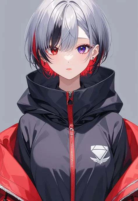 High image quality , cute , one woman , Gray Hair, Two-tone red , short hair  , red and black iris heterochromia ,♰Eyes and shoulders are protruding , jacket