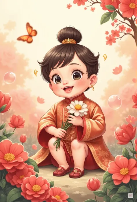 Chinese Baby Boy One Man Illustration、anime、High image quality、cute、llustration, Wearing an Antique Chinese Dress with Stuffed Hair,Put on vintage shoes,, sitting in a bunch of flowers ,butterfly,Transparent Red Bubbles,Holding flowers