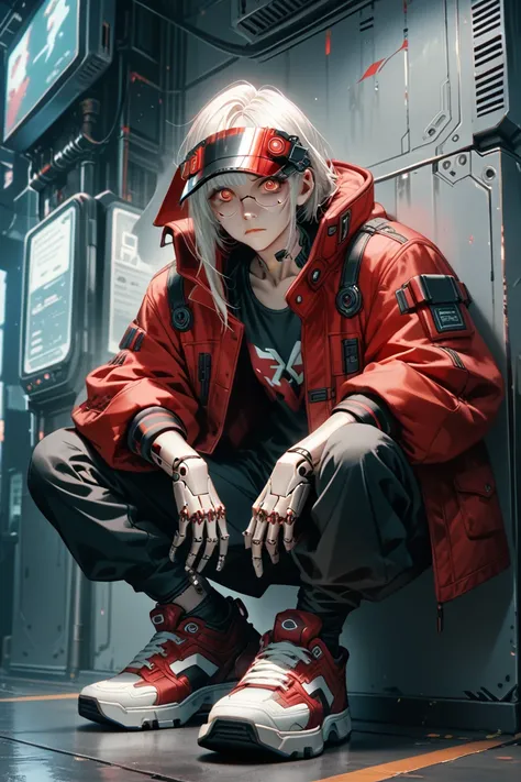 HUMANOID WOLF, white, with red eyes, black clothes with red details, hood, cyberpunk, technological, cyberpunk sneakers, technological visor, daggers, anime style, coat, red coat, hood, technological glasses