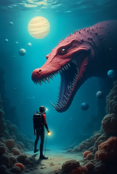 A painting of a scuba diver ,  with a beacon in its hand illuminating around ,  finds the solar system and galaxies at the bottom of the sea, In the abyssal region , And right behind the planets,  an enormous cryptid with the appearance of an alien red cro...