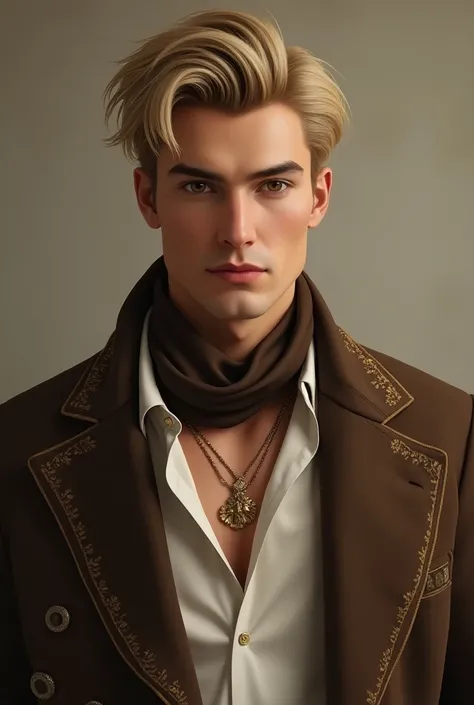  Create someone masculine with blond hair and brown eyes .  Wearing a white V-neck shirt and a brown coat with gold details.  A brown scarf with medium thickness around your neck . Its a gold necklace 