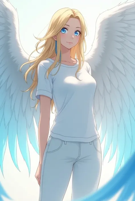 Anime style, full body, an adult girl with long blonde hair, with blue streaks going through it, blue eyes, wearing a simple white shirt and pants, a pair of feathered wings sticking out of her back, the feathers are white on the top set of feathers and th...