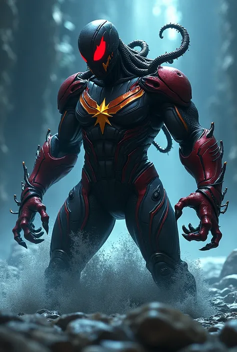 「Bộ giáp của Captain Marvel đứng trong bóng tối、Completely infected by symbiote venom、It has changed into a horrible shape。The entire armor is、Covered in jet black symbionts,Loss of metallic shine。On the surface of the armor,symbiote squirming like liquid....