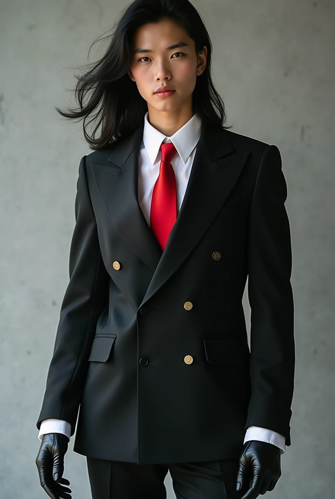 Live action Asian Teen boy with Very Long Flowing black hair, a black double-breasted suit over a White dress shirt. a red tie that stays tight around his neck. Pointed toe shoes and black Leather gloves. 