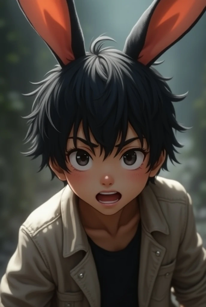  Make a boy with medium size black hair,  and with bunny ears full body , Beating from the father