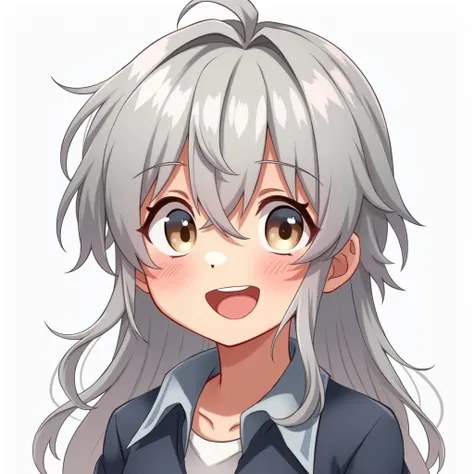  anatomically correct , Best Quality, accurate,   turn your gaze , smile, bangs,  Silver Hair,  simple background,  very long hair, teeth, boy,For icons,