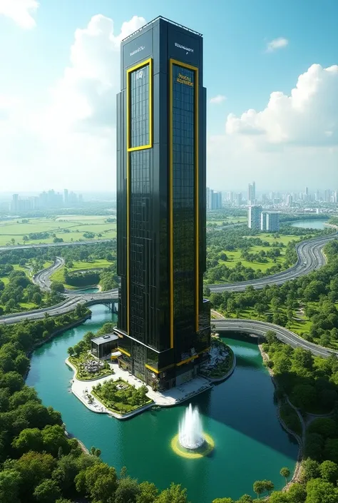 Generate a futuristic big TOWER HOTEL building Slight Variations of Black and Yellow Colour on the Wall with the logo RUSDHY CITY, the fountain gushes beautifully, Large Garden, lake bridge, Green City And Natural Settings As Well There Is A Highway, Green...