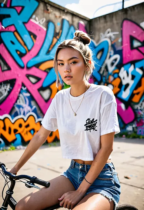 Photographed with: Low Angle Shot
Subject: The image features a young woman seated casually on the bicycle. She has a relaxed pose with her left hand resting on her head, conveying a sense of ease. Her hairstyle is playful, with two buns, and she wears a t...