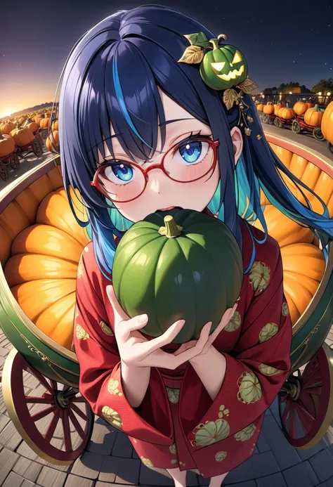 (best masterpiece, high resolution: 1.5), (8K, RAW photo, fisheye effect, perfect anatomy, golden ratio: 1.3), pointillism, professional photography, gaze, lone Japanese idol, (real: 0.5 ), (eating green pumpkin: 1.5), (green pumpkin pattern, red yukata: 1...