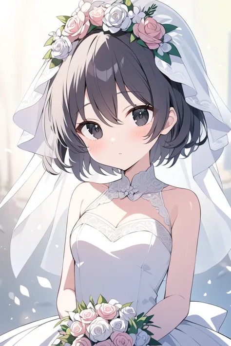  high resolution image, 1 , castanho jacket,  short hair, Rice, black eyes,Bridal veil with flowers and a wedding dress 