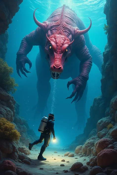 A painting of a scuba diver ,  with a beacon in its hand illuminating around ,  finds the solar system and galaxies at the bottom of the sea, In the abyssal region , And right behind the planets,  an enormous cryptid with the appearance of an alien red cro...