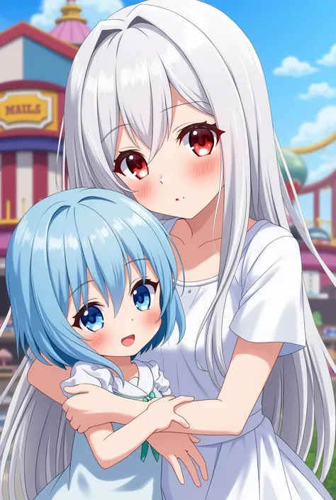 anime, Beautiful woman, long white hair, Right eye color red ,  left eye color blue, blushing cheeks, hugging a woman with short blue hair with blue eyes and a white dress with light blue details, amusement park.