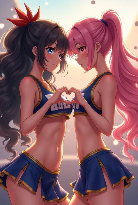 (A masterpiece. Super high resolution. Super detailed. Super beautiful. Perfect face. Perfect eyes. Perfect anatomy). 2girls, cheer leaders, stage, on the stage, dancing and hand heart pose, sweat, blush, seductive smile

1girl, long curl hair, braids, bla...