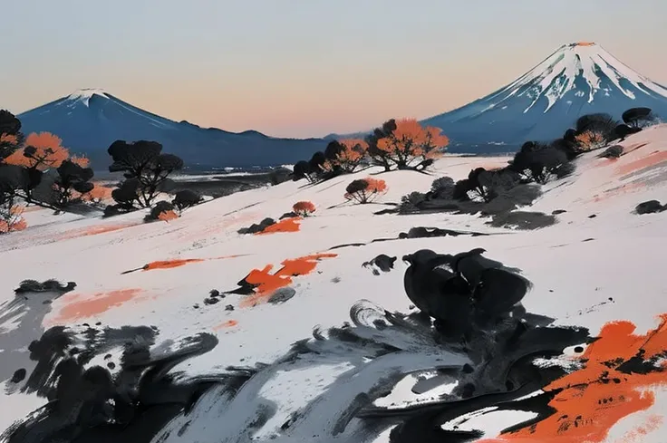 monochrome,Indian ink painting,ink brush painting,ink-and-wash painting,sumi-e,white sky,a mt.fuji,big sunrise,Minimalist Japanese New Years greeting card style, rough sketch using Japanese brush and colored ink. A pair of small, gentle white snakes, symbo...