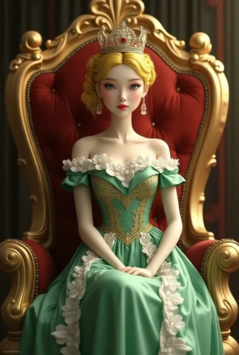 Like this but his sitting in a golden chair the dress is royal green with combination of royal white,red, her skin is white and  her hair is korean style  and weavey and color golden yellow and her age is 18 and her eyes is blue with royal crown in her hea...