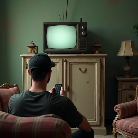 photo of an old antique television sitting on top of a small cupboard that is a bit worn and old, the background is shabby green house paint, and old furniture next to it, in front of the television there is a young man wearing a black baseball cap sitting...