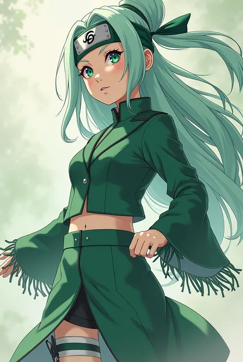  A girl from the Naruto anime who has mint green hair .  And a two-piece suit with fringes and is a ninja and uses a ninja band from the leaf village like Naruto.  And be a medical ninja . Be very white .