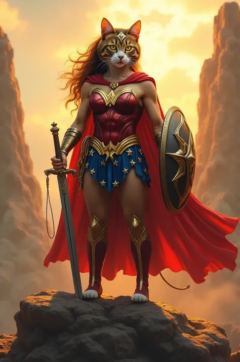  A cat wearing the costume of Wonder Woman , with sword and shield in hand ,  standing on an imposing rock .  Intense golden light shines around the cat ,  reflecting the divine and heroic energy of its aura.

