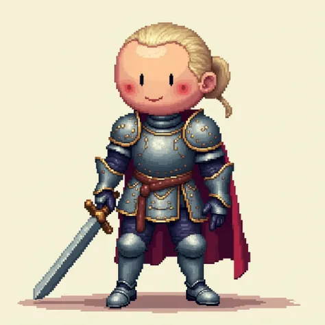 Create a image game pixel art style of A Full body Concept Character Design of a girl wearin a plate armor and a sword. The style of character is a short size with short legs and big head