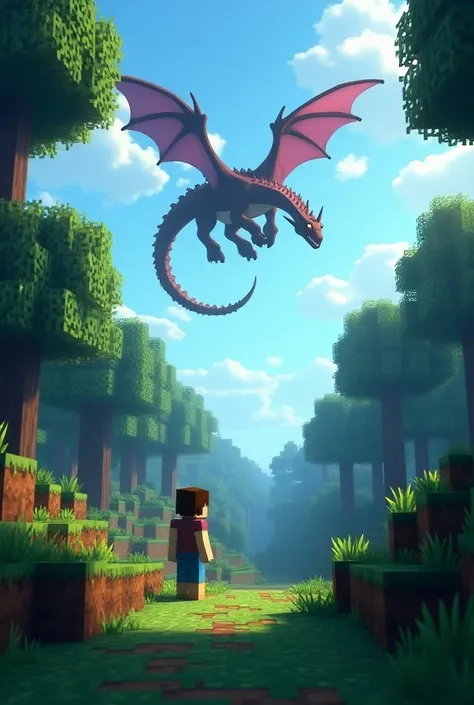 Minecraft style landscape, Square trees ,  colors characteristic of Minecraft ,  are distributed throughout the terrain ,  creating a forest atmosphere .  In the sky a dragon fighting against a character from Minecraft .  The ambient light of the landscape...