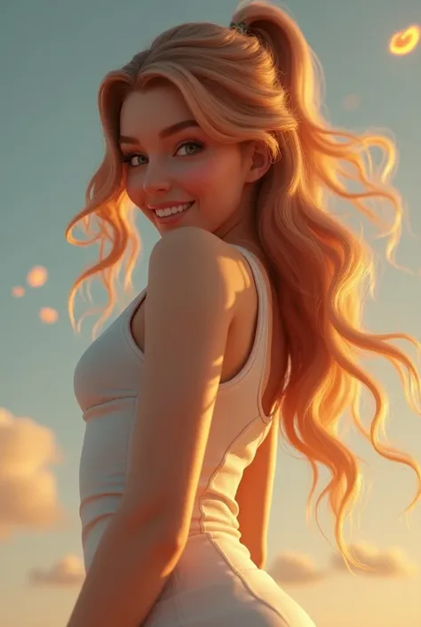 A 3D hyperrealistic Create an image of  sexy woman of a cheerful  with bright, sparkling eyes and  curtain wavy mullte hair. 
Play Gymnastic sport, perfect body , Wearing a clothing occupations with 3D sports patterns   
The scene radiates warmth and joy