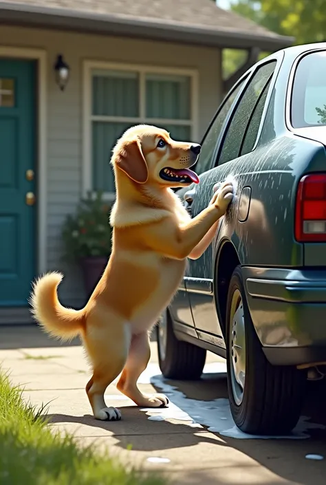  Make me a picture of a dog washing a car in detail and realistic. Must not be 3 dimensional or cartoon 