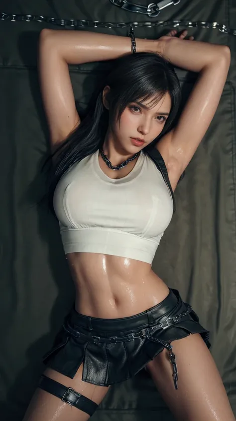 ((Tifa, Tifa･lockhart, Final Fantasy 7, FF7, l )), 8k, Top Quality, Ultra Detail, High Resolution, masterpiece, (from side), (full body: 1.1), (from below:1.3), (lower body:1.2), (looking down:1.0), ( a woman is chained in a cell with blood on her body:1.5...