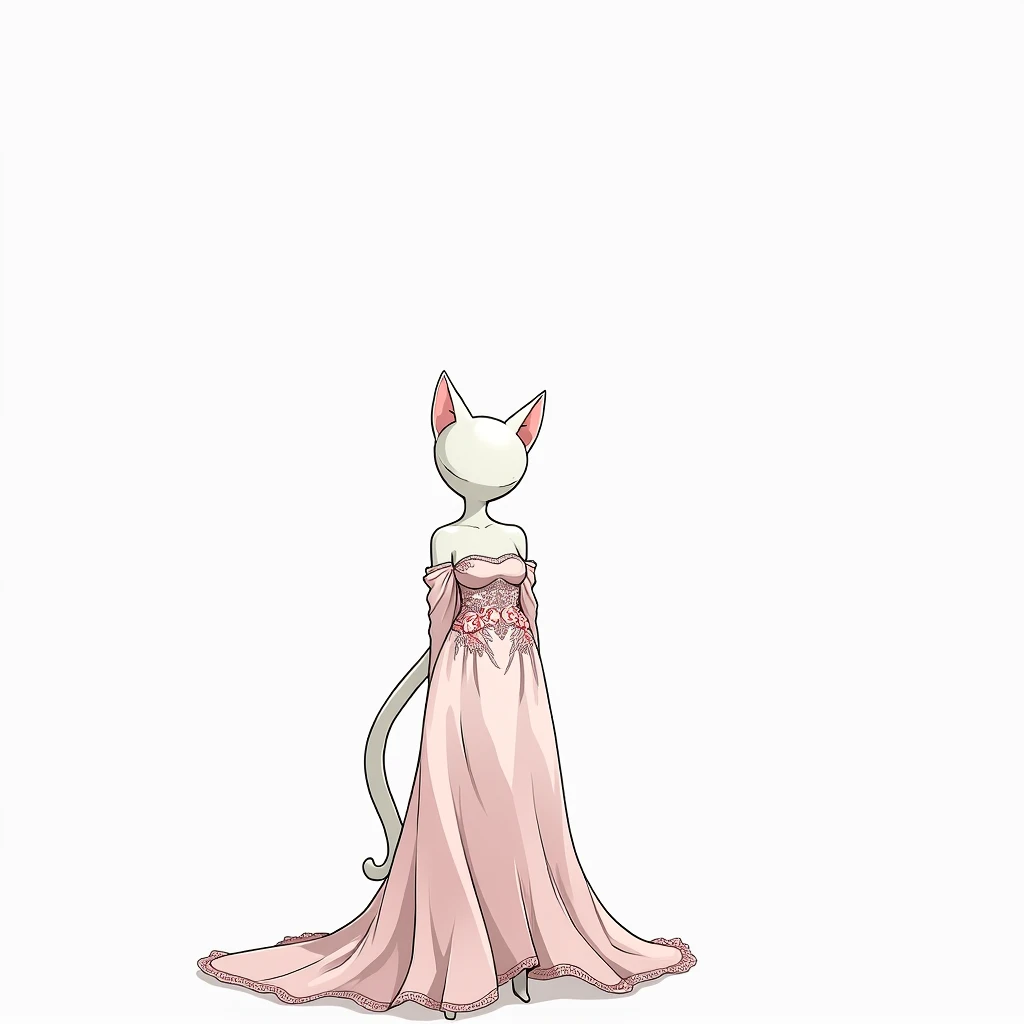 1 cat in human form, anime style, she wears a pink wedding dress, high heels, she has skin as white as paper, no tail