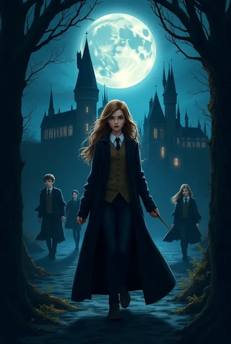 Create a Cover Design illustration:
Title: Shadows on the Philosophers Stone

Front page:

Background: A nighttime landscape of Hogwarts, with the school illuminated by moonlight. The cover should convey a mysterious and magical air.

Central elements:

Su...