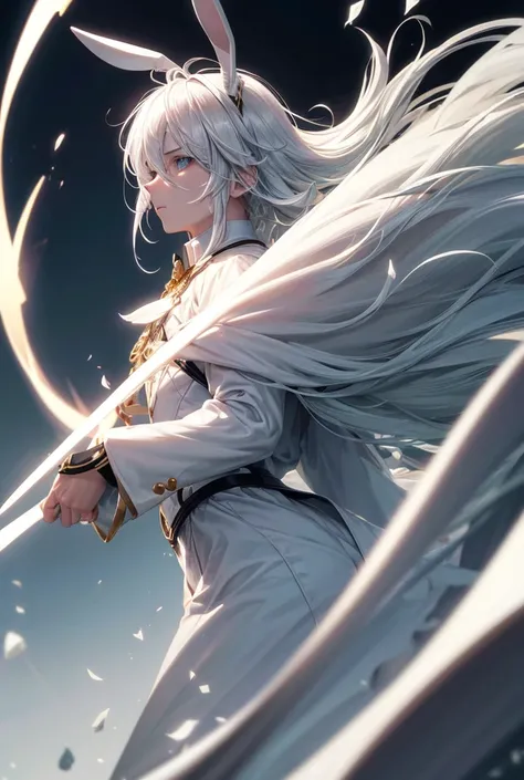  white haired male who has ghost powers and wears rabbit themed blinders, and hair floating or flying like without gravity , High resolution, masterpiece, Accurate,  anatomically correct ,  award winning , Best quality, Damaged, detail, HD, High details, H...