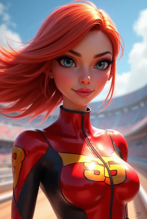 Make an anime character like Lightning McQueen more human woman plus cartoon